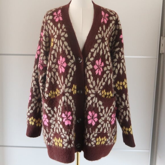 ZARA Oversized Chunky Floral Knit Cardigan Sweater Brown Pink Yellow Size M - Picture 16 of 16